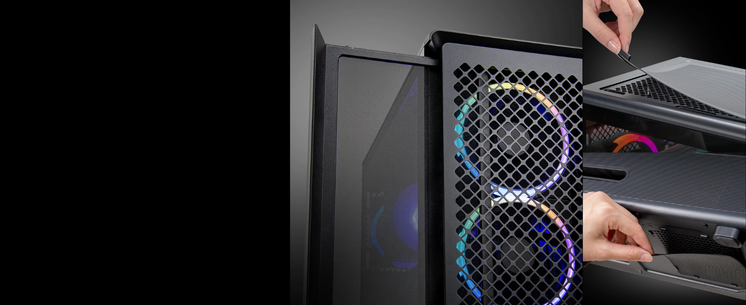 Three dust filters shield your build, with a quick-slide front filter for effortless care and style.