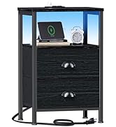 Furologee Nightstands with Charging Station, End Table with LED Lights, Black Night Stands with 2...
