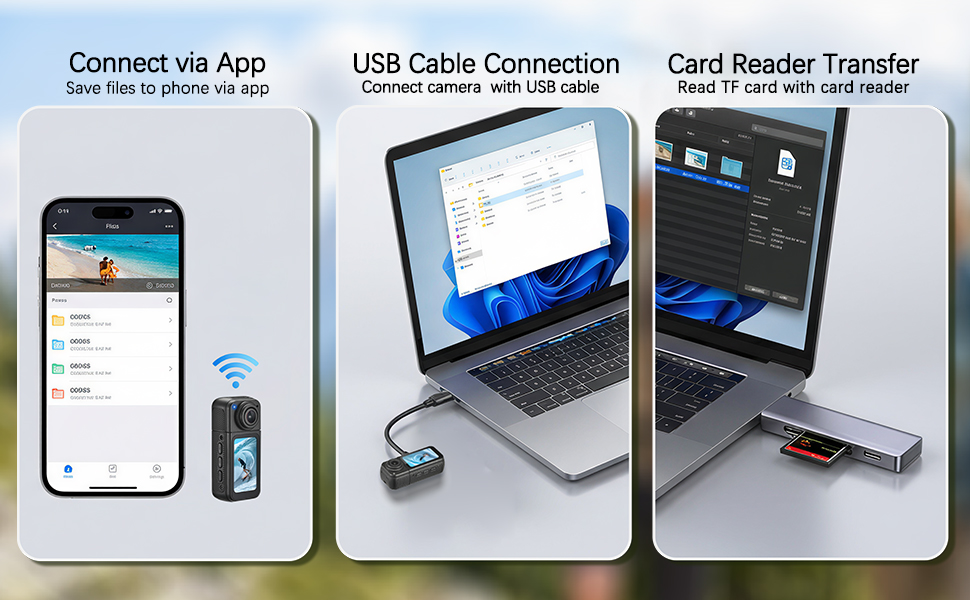 easy to store the video,connect via app,connect with usb cable,card reader