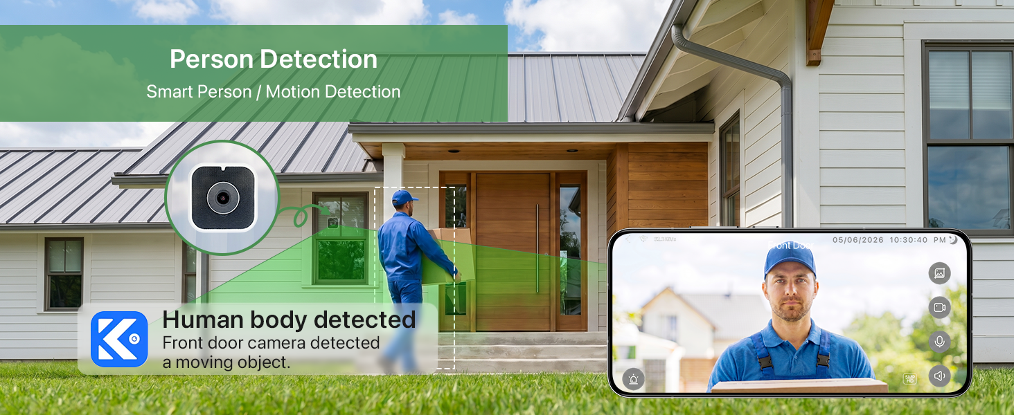 Text reads 'Person Detection' and 'Human body detection.' Security camera system interface displaying residential house footage with human detection alert notification features.