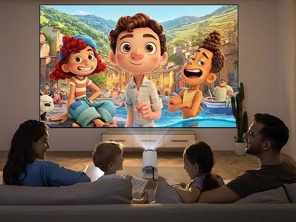 Animated characters displayed on a large screen or projection with viewers shown in silhouette watching from a darkened room setting.