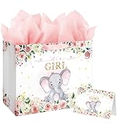13" Large Baby Shower Birthday Gift Bag for Girl with Tissue Papers and Card Pink Floral Elephant...