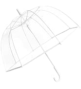 Women holding clear bubble dome umbrella with curved fashion stick in park.