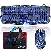 BlueFinger Backlit Gaming Keyboard and Mouse and LED Headset Combo,USB Wired 3 Color Crack Backli...