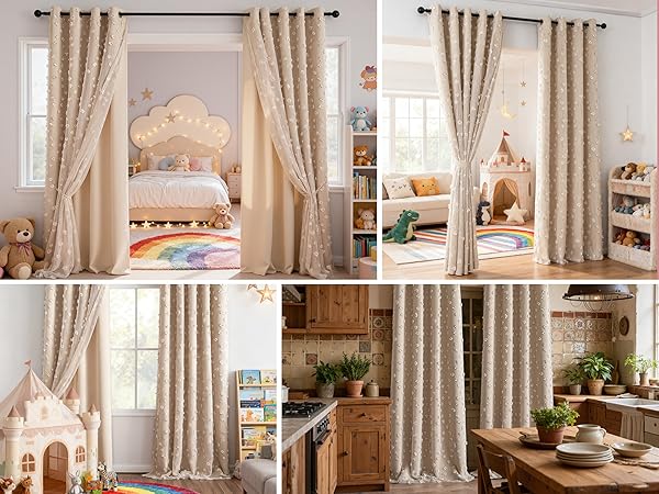 MYSKY HOME Beige Pom Pom Curtains for Kids Room