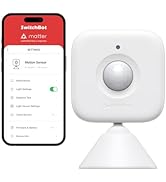 White circular motion sensor device shown alongside smartphone app interface with toggle switches and menu options.