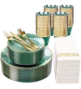 DaYammi 350 Pcs Clear Green Gold Plastic Plates, Hammered Disposable Dinnerware, Clear Green Plat...