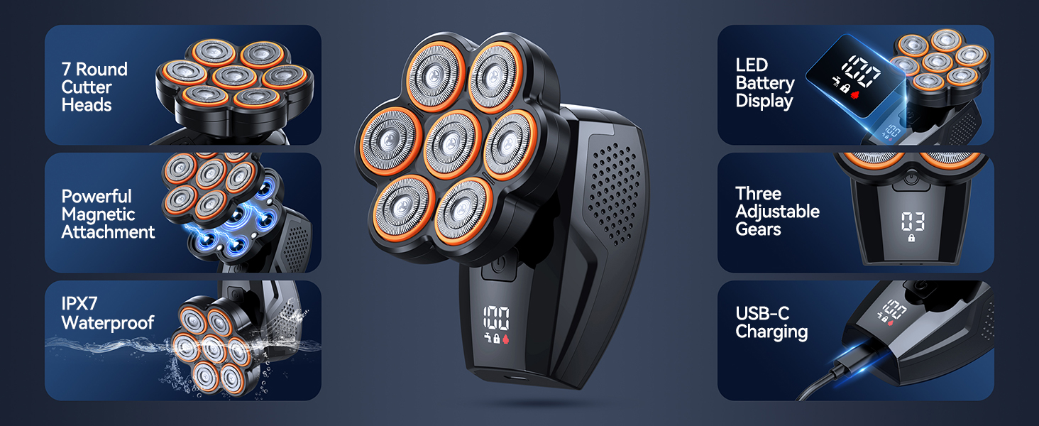 7D Bald Head Shaver with LED Display, IPX7 Waterproof, 3 Adjustable Gears, USB-C Charging
