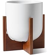 LE TAUCI 10 Inch Ceramic Planter with Acacia Wood Stand – Matte White Cylinder Plant Pot, Unglaze...