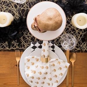 haloween dinner,skull candy tablecloth,spider napkins,cloth gold napkins,spooky halloween cloth