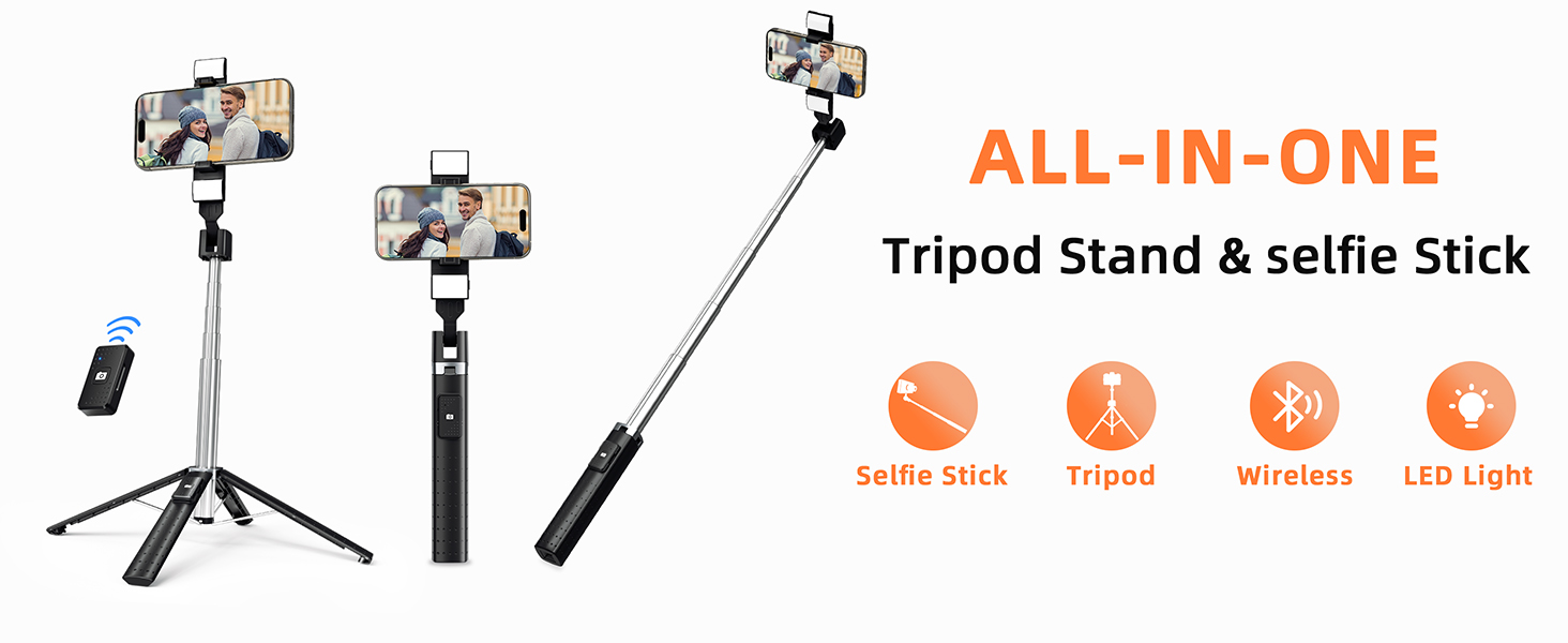 Text reads 'ALL-IN-ONE'. Product diagram showing different configurations of a selfie stick and tripod stand with phone mount. Icons indicate various features.