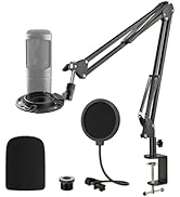 Audio Technica AT2020 Mic Boom Arm Suspension Scissor Stand with Shock Mount, Pop Filter Foam Win...