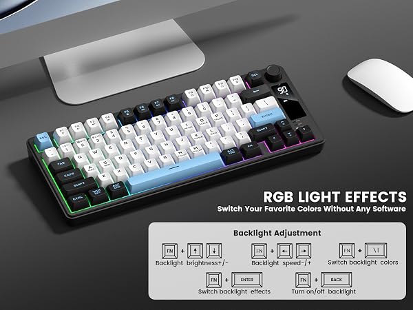 mechanical keyboard featuring RGB backlighting effects, with instructions how to adjust backlight