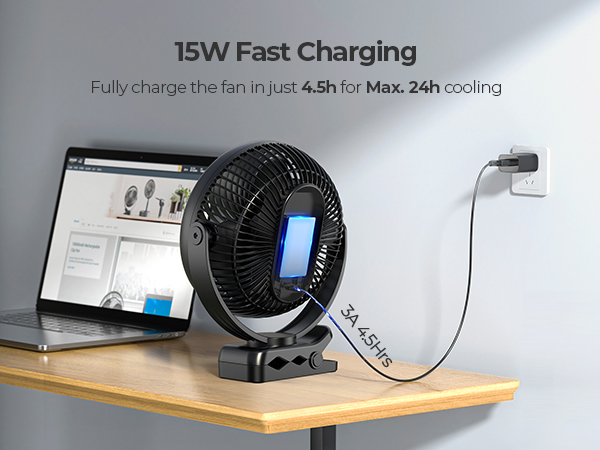 Black portable fan with digital display, plugged into laptop USB port. Text indicates 15W fast charging and 24h cooling capability.