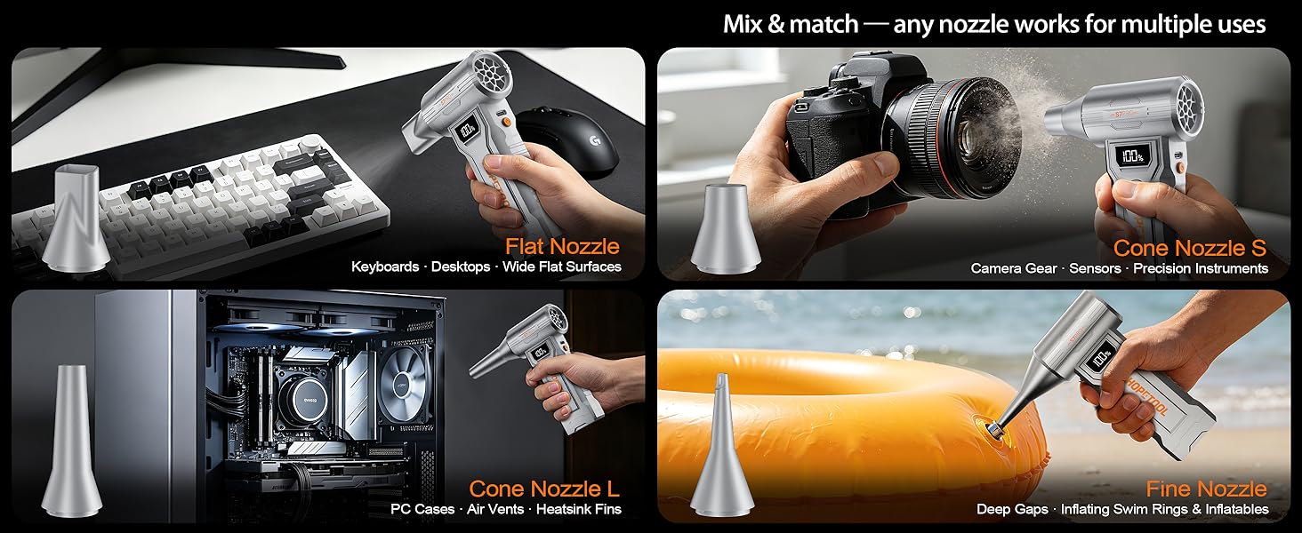 Hopetool S7 Pro air duster with flat, cone S, cone L, and fine nozzles