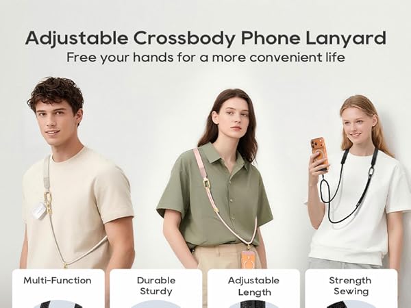 Text reads: 'Adjustable Crossbody Phone Lanyard', 'Free your hands for a more convenient life', 'Multi-Function', 'Durable', 'Adjustable', 'Strength Test'. Product demonstration showing lanyard worn across body.