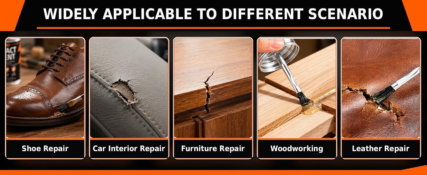 Contact cement works on wood, automotive trim, leather, metal, ceramic and foam