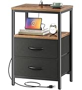Huuger Nightstand with Charging Station, Side Table with Fabric Drawers, End Table with Open Shel...