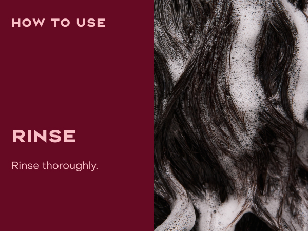 Woman with wet curly hair next to rinsing instructions.