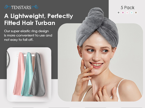 TENSTARS 5 Pack Thicken Microfiber Hair Towel Wrap for Women
