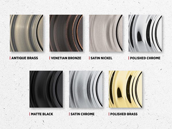 Swatches of 8 finishes including variants of brass, chrome, bronze, matte black, and satin nickel.