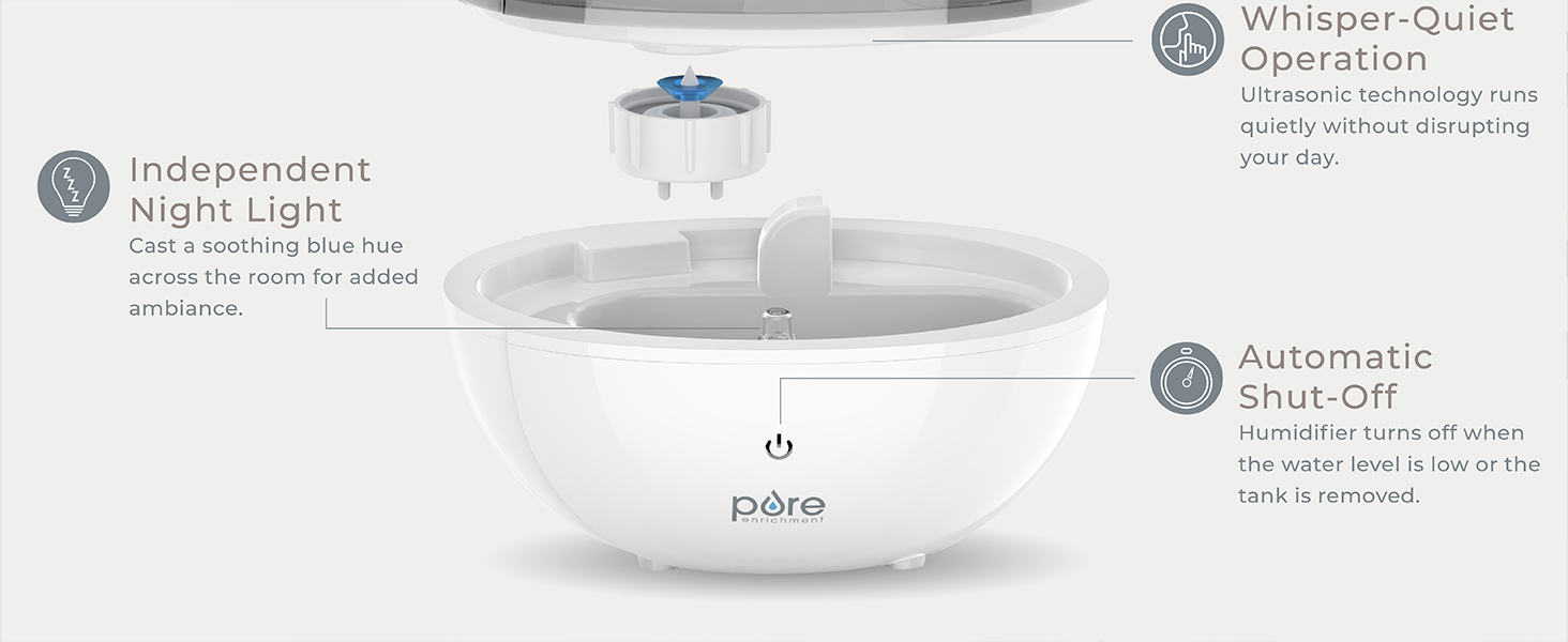 thoughtfully designed transparent tank night light 360 mist nozzle whisper quiet auto shut off