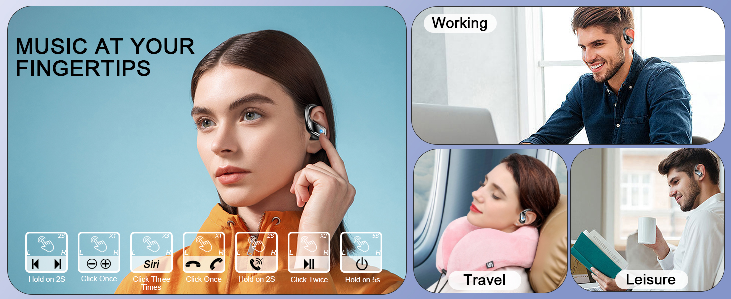 Wireless earbuds advertisement. Main image shows woman inserting earbud. Smaller images display various use cases: working, travel, and leisure.