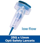 ONE-CARE OPTI Safety Lancets Top Button Activated 25G x 1.1mm, LowFlow, 100/bx