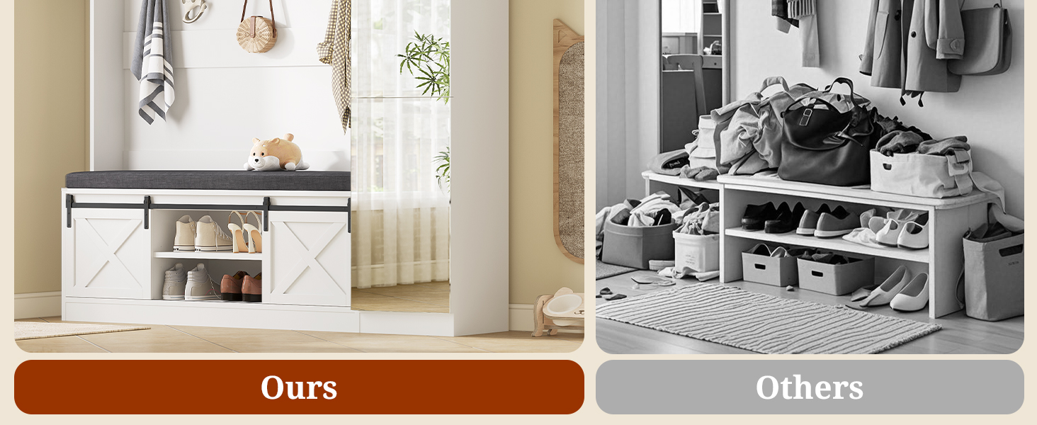 Hall Tree with Bench and Shoe Storage Entryway with Tall Mirror Farm House Barn Door