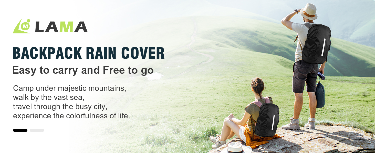 LAMA brand backpack rain cover advertisement showing hikers in mountainous terrain, with text emphasizing portability and outdoor use.