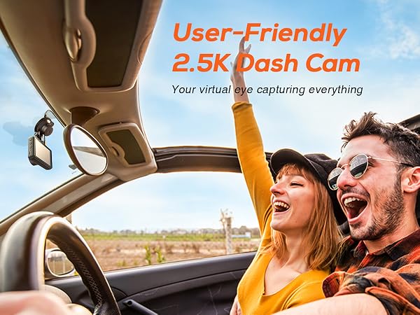 2.5K dash cam promotional image showing car interior and sunlit desert landscape through windshield, emphasizing user-friendly features for capturing driving moments.
