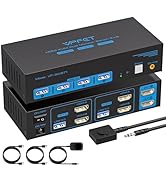 HDMI KVM switch with 4 USB 3.0 ports, 2 HDMI outputs, and audio jack. Includes remote control and cables. Model VP-SW571 visible on device.