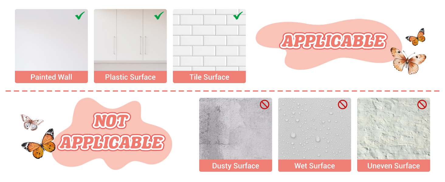 Text reads 'APPLICABLE' and 'NOT APPLICABLE'. Surface comparison chart showing different texture types with checkmarks and crosses, featuring butterfly decorative elements.