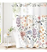 Litabel No Hook Ivory Watercolor Floral Shower Curtain, Hookless Shower Curtains with Flower Plan...