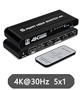 4K HDMI Switch 5 in 1 Out, 5 Port HDMI Switcher Selector Box with IR Remote Control &amp; Auto Switch...