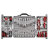 Cartman 205 Piece Tool Set Ratchet Wrench with Sockets Kit in Plastic Toolbox Red