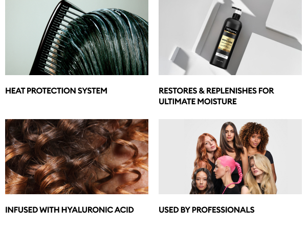 Comb through hair, TRESemmé bottle, shiny curls, &amp; diverse women with bold styles.