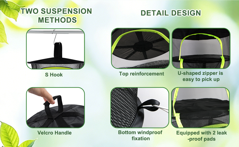 2 suspension methods . Top reinforcement, U-zipper, bottom windproof fix, 2 leak-proof pads
