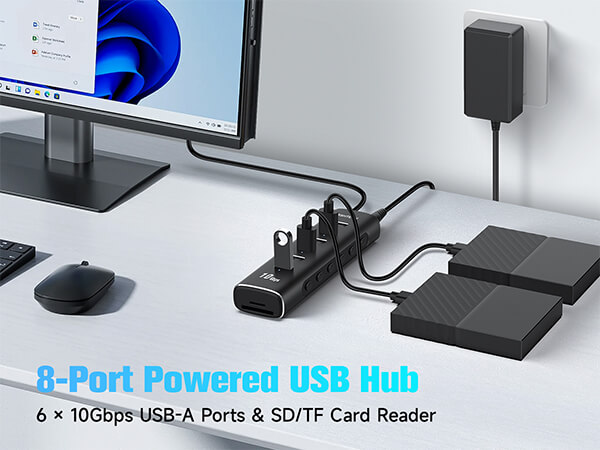 8-Port Powered USB Hub with 6 x 10Gbps USB-A Ports and SD/TF Card Reader