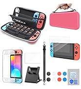Pink Accessories Bundle for Nintendo Switch OLED Model, Portable Carry Case with Mirror Game Card...