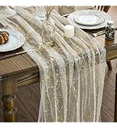 Artoid Mode Beige Gold Gauze Table Runner 120 Inch 10FT, Glitter Metallic Foil Sheer Dining Weddi...