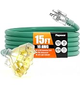 15 FT 16/3 Gauge Outdoor Extension Cord with Multiple Outlets Light Indicator, Flexible 3 Outlets...
