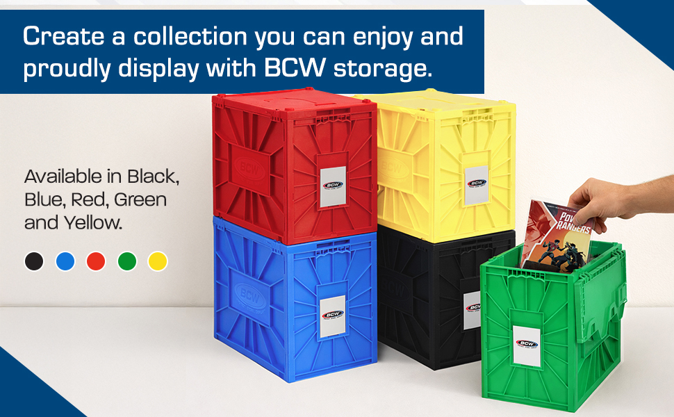 BCW Short Comic Book Bins in black, blue, red, green, and yellow for organized comic storage.