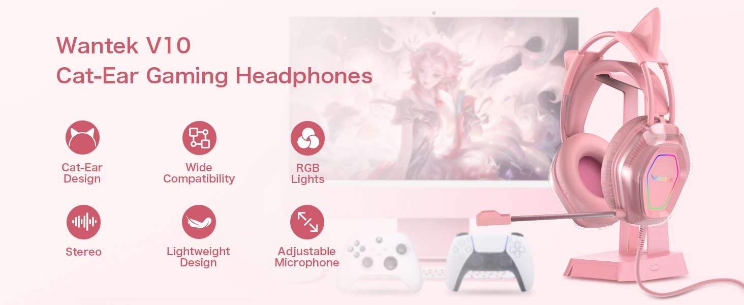 Cute Cat-Ear Gaming Headset 50mm Drivers Noise-Cancelling Mic 3.5mm Wired Stylish Lightweight Design