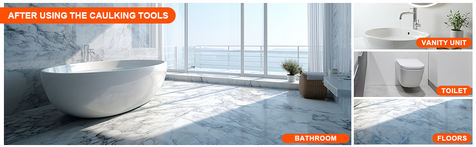 Text reads 'AFTER USING THE CLEANING TOOLS'. Modern bathroom interior showing freestanding bathtub and tiled surfaces.