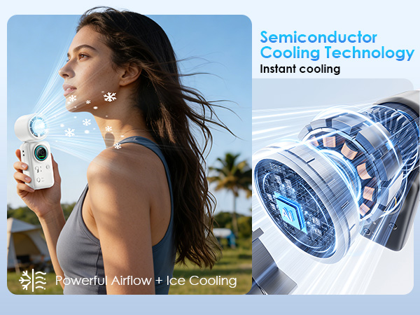 turbo motor and semiconductor cooling, the handheld fan delivers instant cold air while blowing