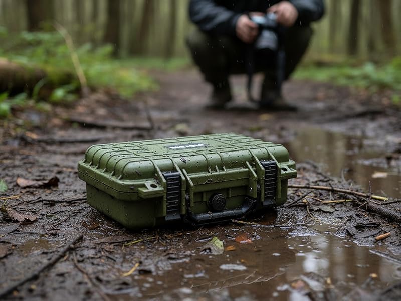 Sequence showing an olive green military-style camping mat or sleeping pad in muddy outdoor conditions on wet ground.
