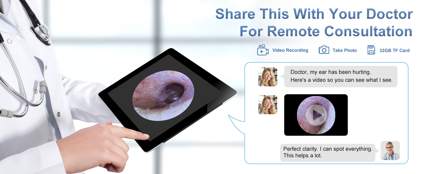 Share ear photos and videos with doctor via 32GB card for consultation