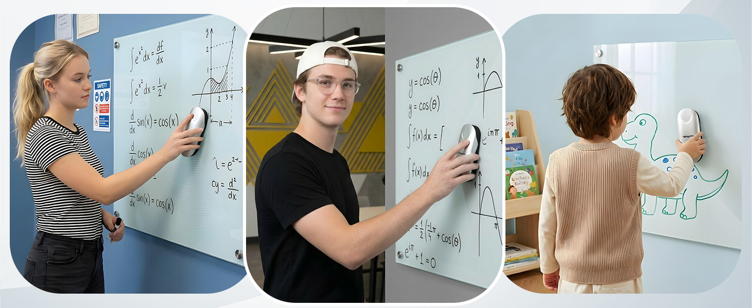 Scenarios of different people using the Wingwise whiteboard eraser.