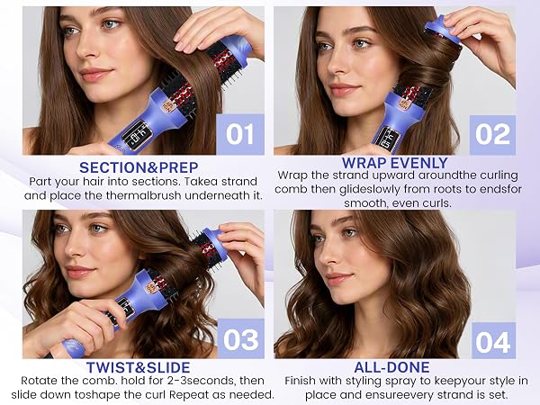 Text reads 'SECTION&amp;PREP' 'WRAP&amp;EVENLY' 'TWIST&amp;SLIDE' 'ALL DONE'. Four-panel instructional guide showing woman applying blue hair styling tool to different hair sections and wrapping techniques.